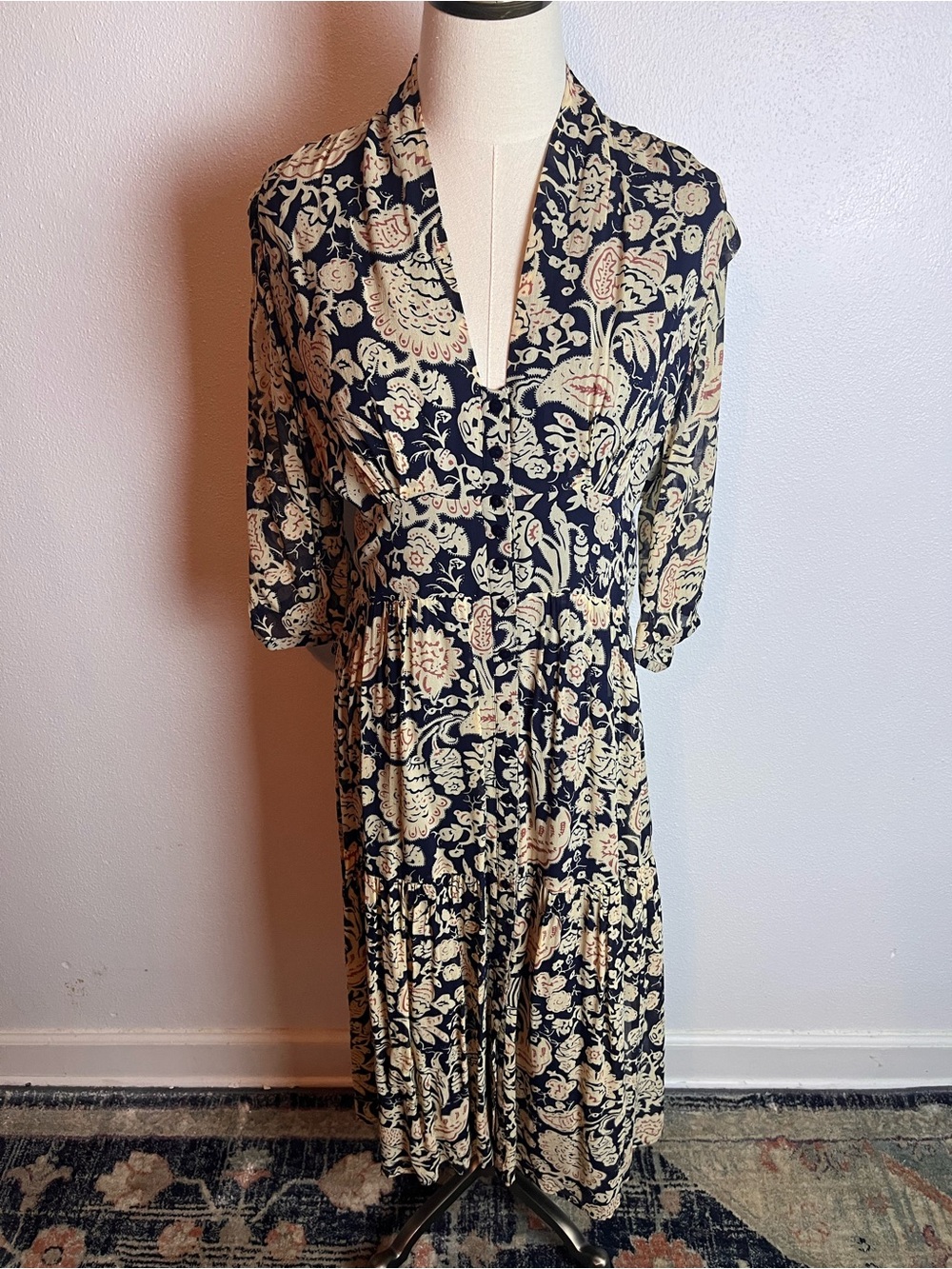 ba&sh Navy and Cream Floral Dress